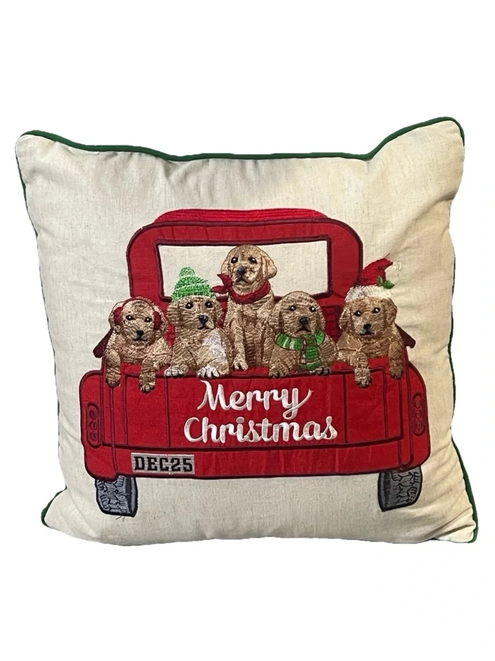 Pier 1 Imports Merry Christmas Puppy Dog Red Truck Accent Pillow DEC25